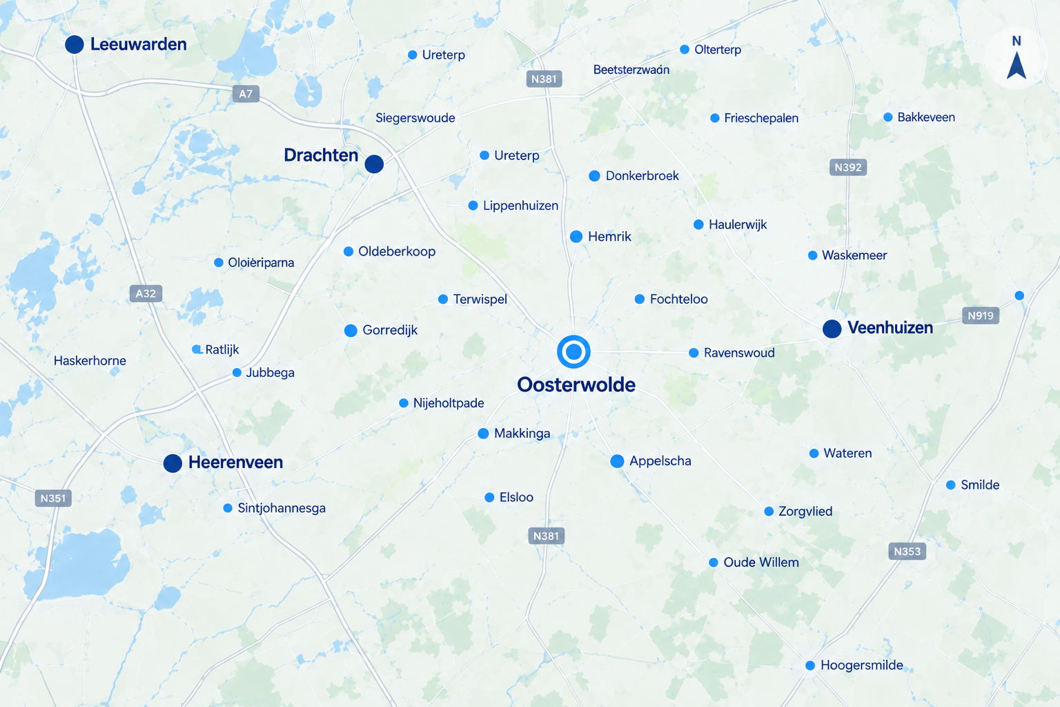Werkgebied van Stewa Nederland rondom Oosterwolde, Leeuwarden, Drachten, Heerenveen en Veenhuizen
